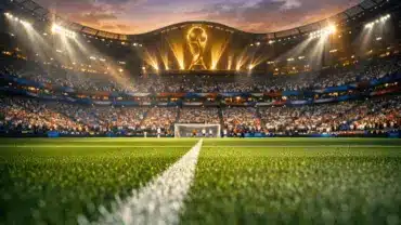 Dramatic World Cup stadium at twilight with illuminated pitch and crowd in blue, white and red colors