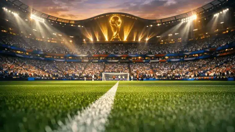 Dramatic World Cup stadium at twilight with illuminated pitch and crowd in blue, white and red colors