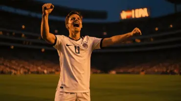 Germany striker celebrating goal during World Cup knockout match at stadium