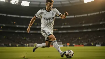German footballer in white jersey attacking during World Cup match with dramatic stadium lighting