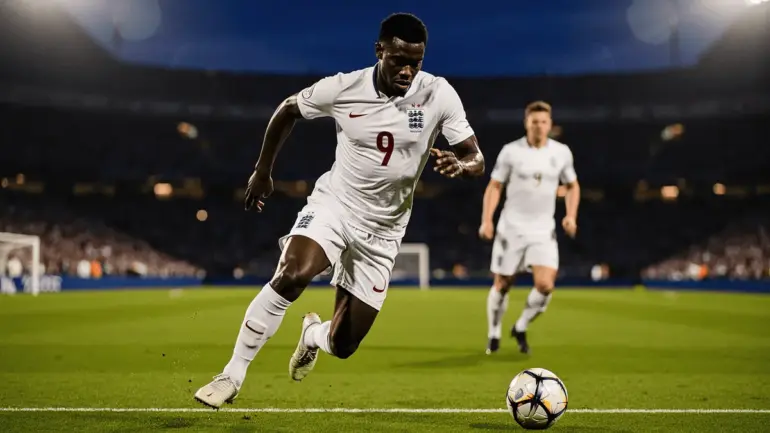 England striker attacking toward goal during World Cup match with dramatic stadium lighting
