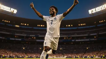 England soccer player celebrating goal at stadium during World Cup match