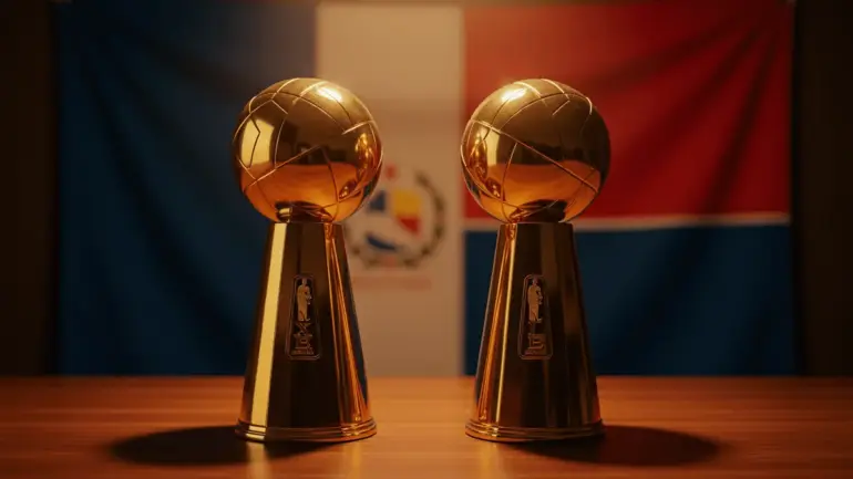 Two NBA championship trophies with Dominican Republic flag symbolizing Towns and Horford's shared legacy