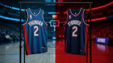 NBA jerseys representing Thunder and Clippers trade scenario in dramatic arena lighting