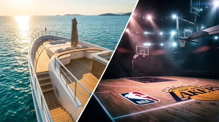 Luxury yacht deck and NBA basketball court split composition representing sports and entertainment crossover