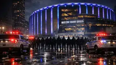 NYPD police vehicles with emergency lights outside Madison Square Garden at night after Knicks Game 3