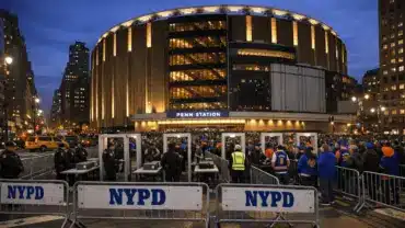 Madison Square Garden exterior with enhanced security checkpoints and crowds before NBA Finals Game 3