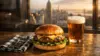 Gourmet burger on restaurant table with NYC skyline view representing Knicks Finals food culture