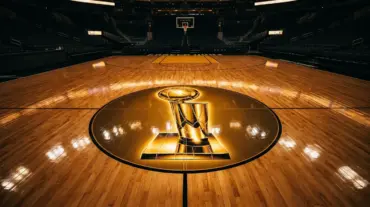 Gold Larry O'Brien Trophy graphic at center court of NBA Finals basketball floor design