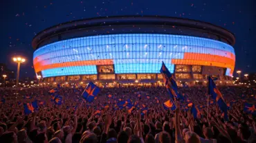 Madison Square Garden lit up at night with massive crowd celebrating Knicks championship victory