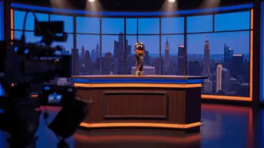 Tonight Show studio set with NBA championship trophy under stage lights and New York City skyline backdrop