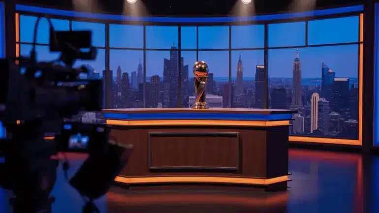 Tonight Show studio set with NBA championship trophy under stage lights and New York City skyline backdrop