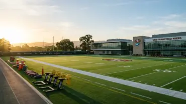 Empty 49ers practice facility bathed in golden hour light showing earned rest after perfect attendance