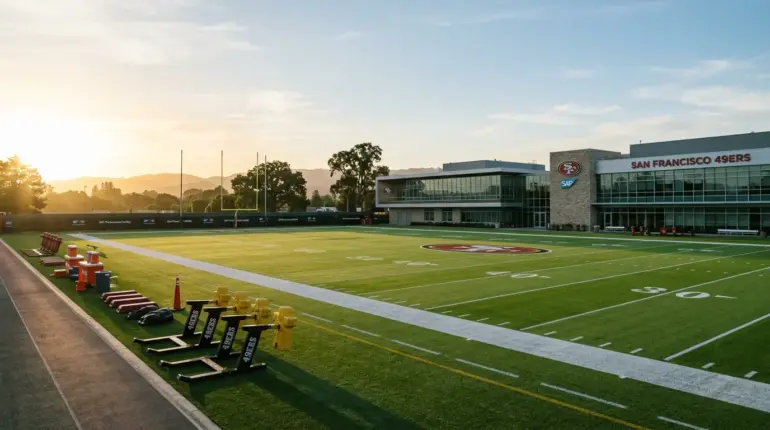 Empty 49ers practice facility bathed in golden hour light showing earned rest after perfect attendance