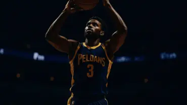 Basketball player shooting three-pointer in Pelicans uniform during NBA game
