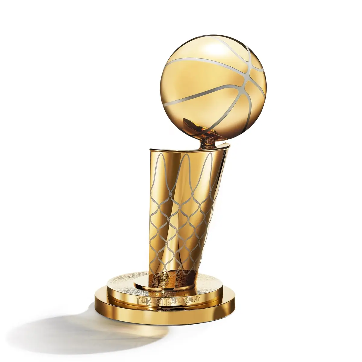 Close-up of the Larry O'Brien Championship Trophy with a golden basketball on top.