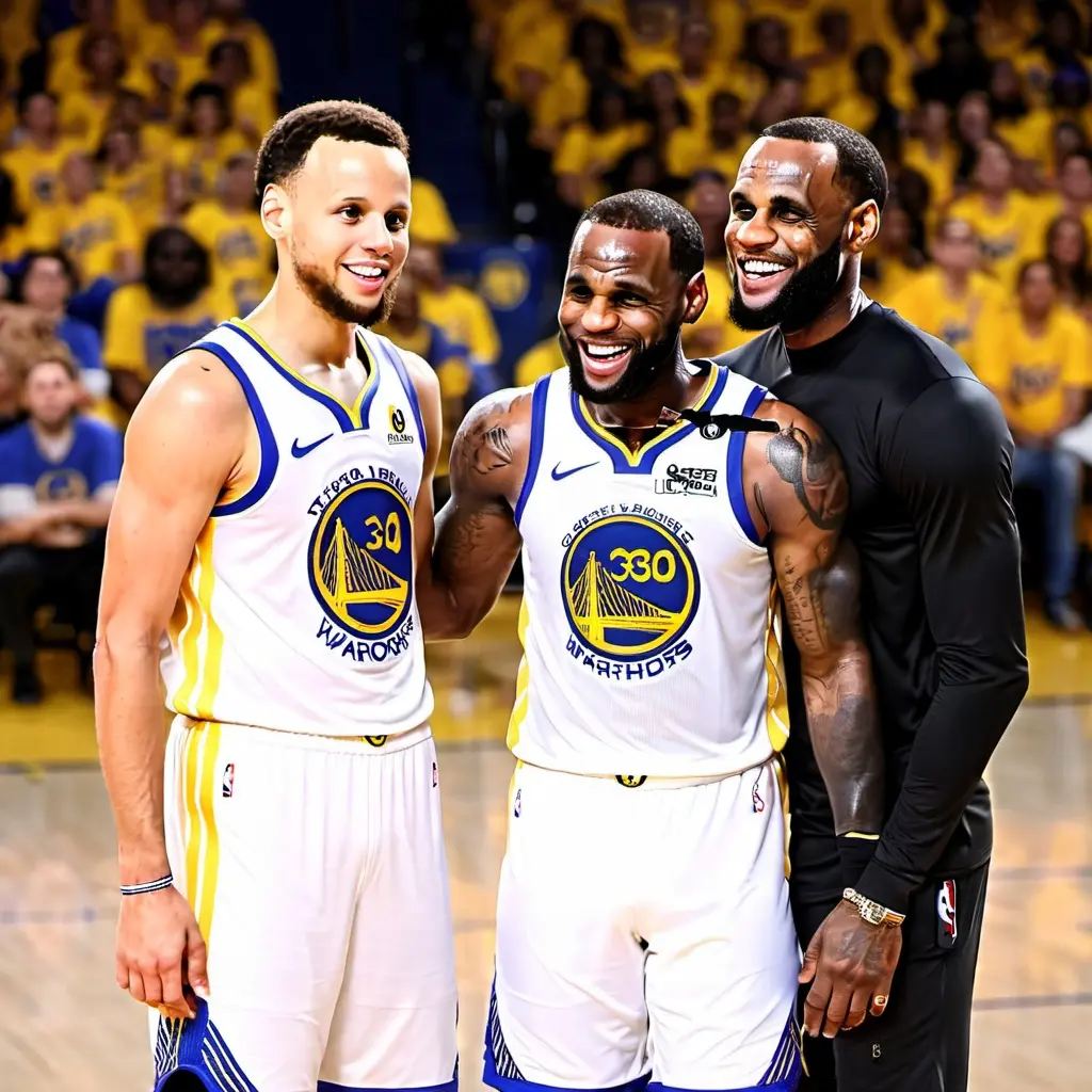 LeBron James and Stephen Curry share a light moment on the court, smiling together.