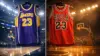 Lakers and Bulls jerseys side by side representing LeBron James and Michael Jordan GOAT debate