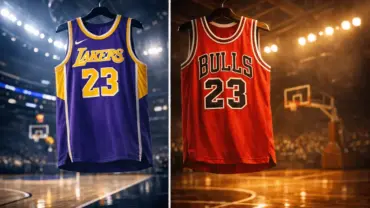 Lakers and Bulls jerseys side by side representing LeBron James and Michael Jordan GOAT debate