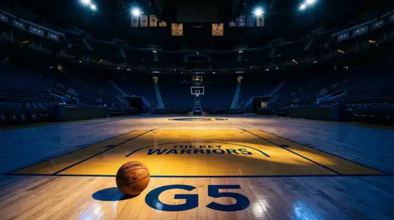 Empty NBA basketball court with dramatic lighting and basketball, representing high-stakes free agency decision
