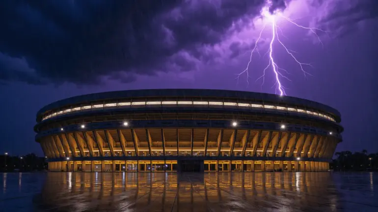 Lightning storm over Estadio Azteca stadium causing World Cup match delay