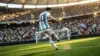 Argentina soccer player taking penalty kick at World Cup match in iconic blue and white striped jersey