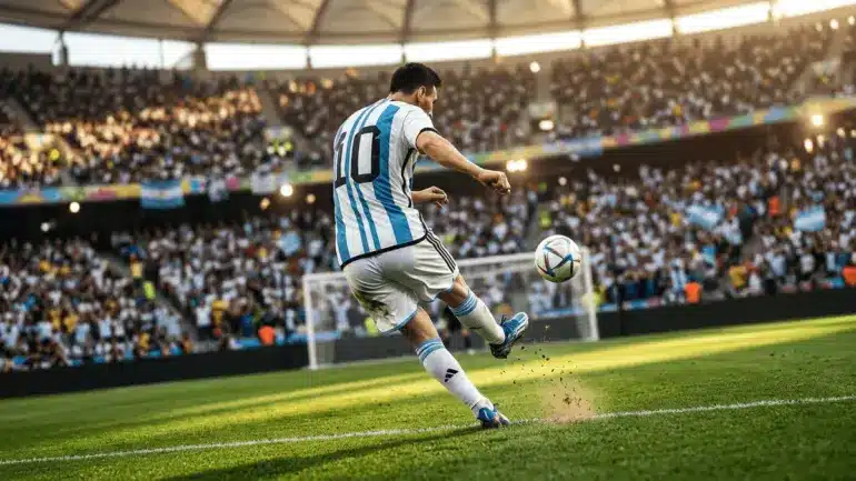 Argentina soccer player taking penalty kick at World Cup match in iconic blue and white striped jersey