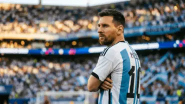 Lionel Messi in Argentina jersey at 2026 World Cup stadium with dramatic lighting