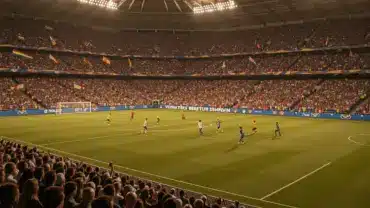 World Cup knockout stage match in packed stadium with dramatic lighting and intense crowd atmosphere