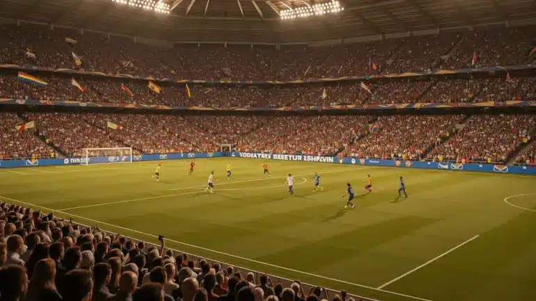 World Cup knockout stage match in packed stadium with dramatic lighting and intense crowd atmosphere