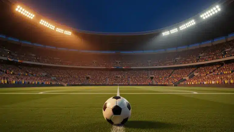 World Cup stadium at dusk with soccer ball on pitch and packed crowd under floodlights