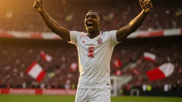 England striker celebrating goal during World Cup match in stadium