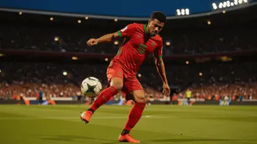 Moroccan soccer player striking ball during intense World Cup group stage match at stadium