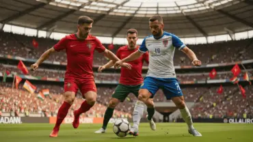 Portugal vs Uzbekistan World Cup match action with players competing on the pitch in packed stadium