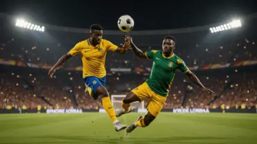 Colombia and DR Congo players competing for the ball during an intense World Cup night match