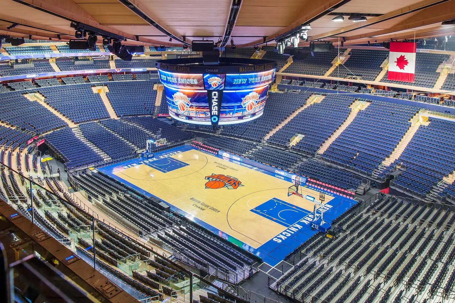 Interior view of Madison Square Garden showing the New York Knicks court.