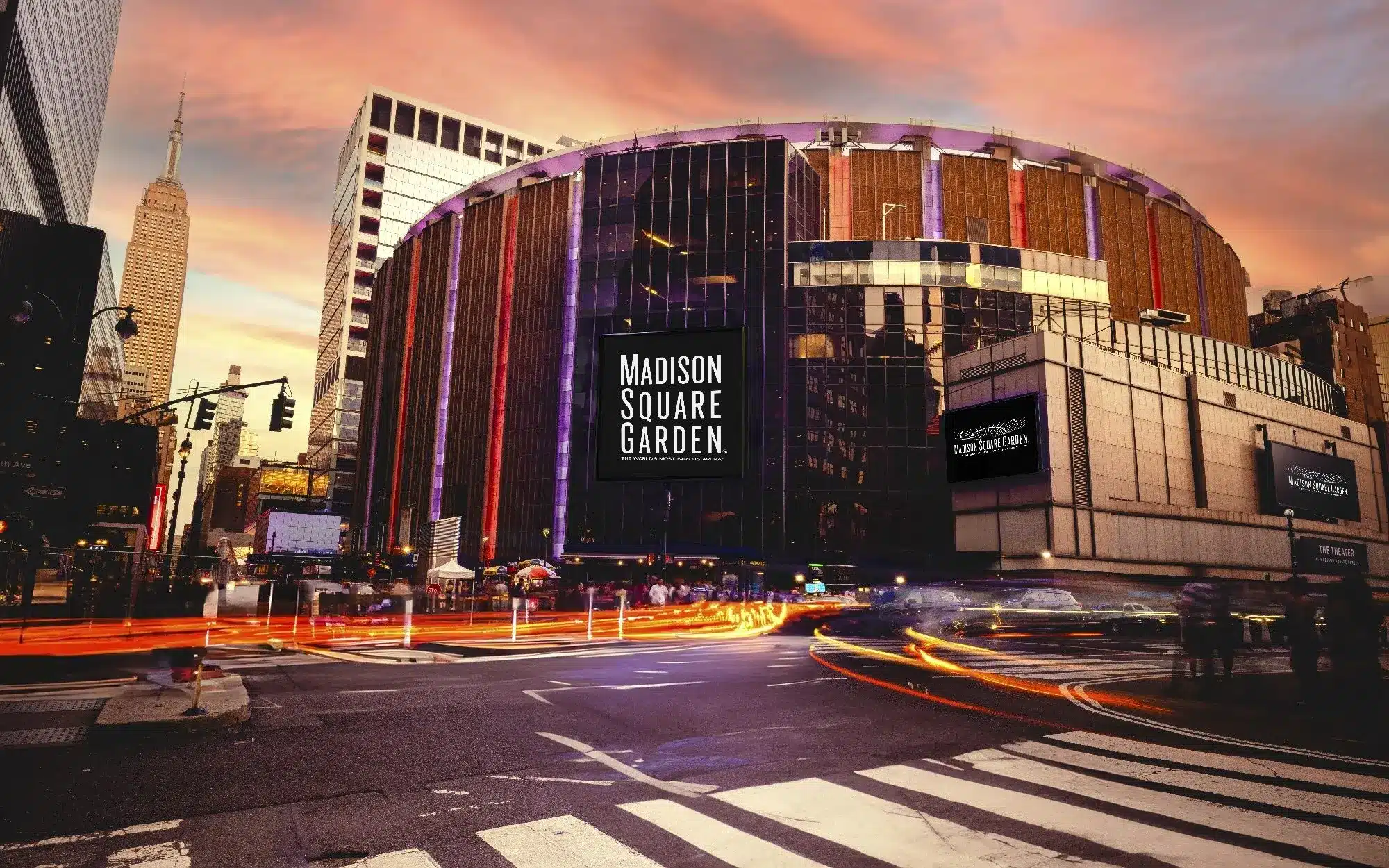 Madison Square Garden's exterior in NYC during sunset.