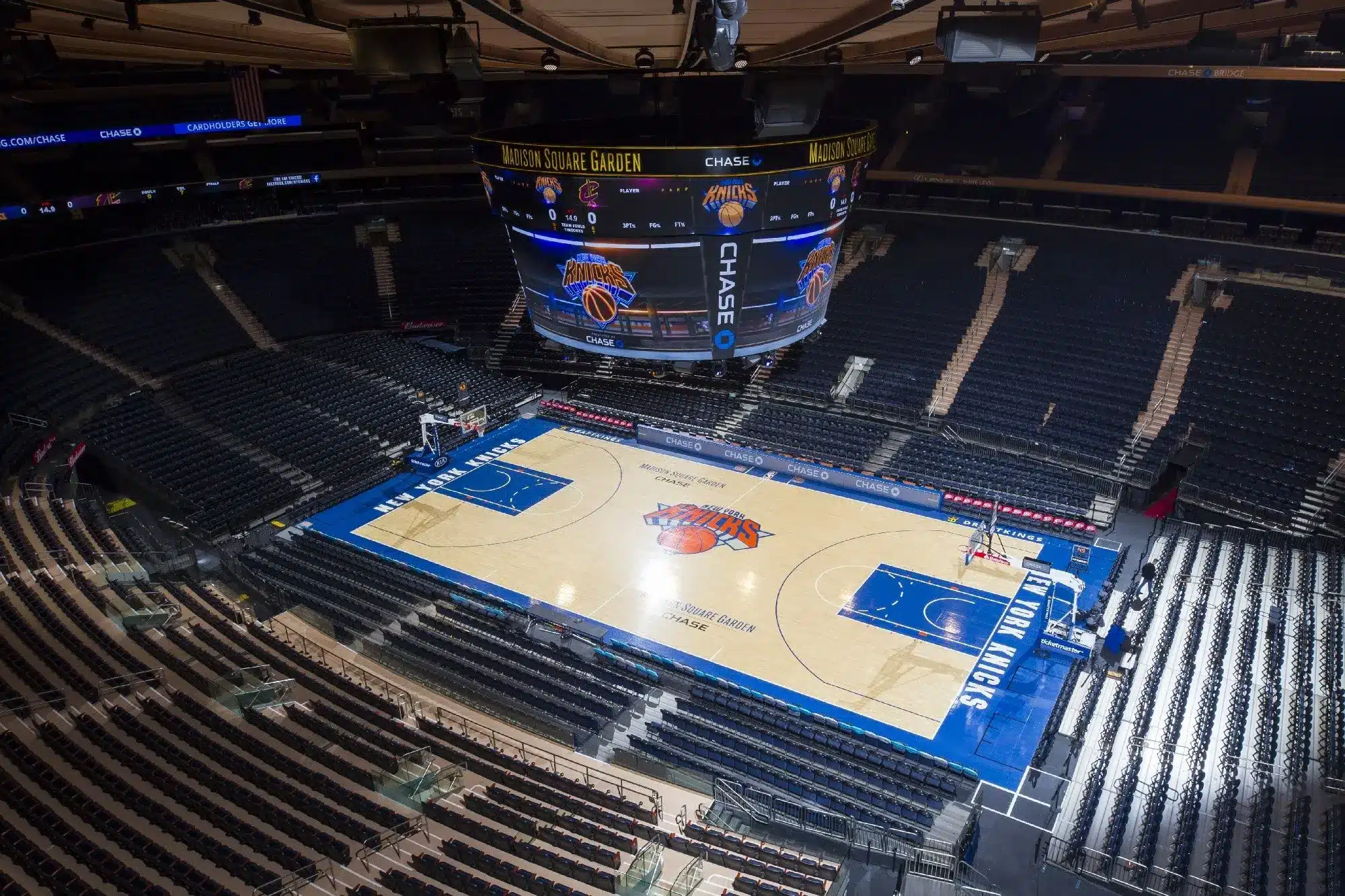 Madison Square Garden NBA court showcasing New York Knicks branding.
