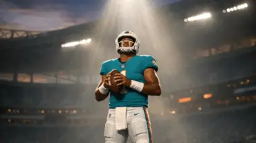 NFL quarterback in Dolphins uniform under dramatic spotlight in empty stadium showing pressure and scrutiny