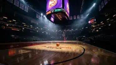 Dramatic empty NBA basketball court with spotlight and arena lighting suggesting high-stakes trade scenario