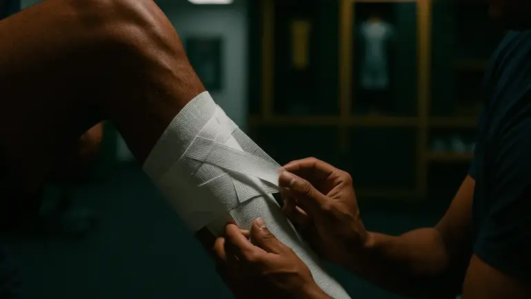 Athletic trainer taping hamstring injury in NFL training facility with green and gold team colors