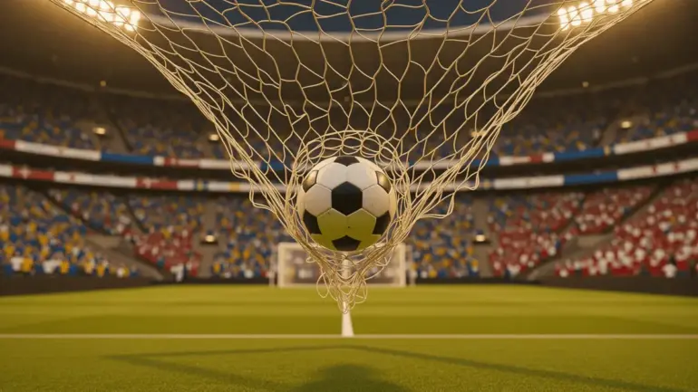 Soccer ball hitting the back of the net in a packed stadium during an international match