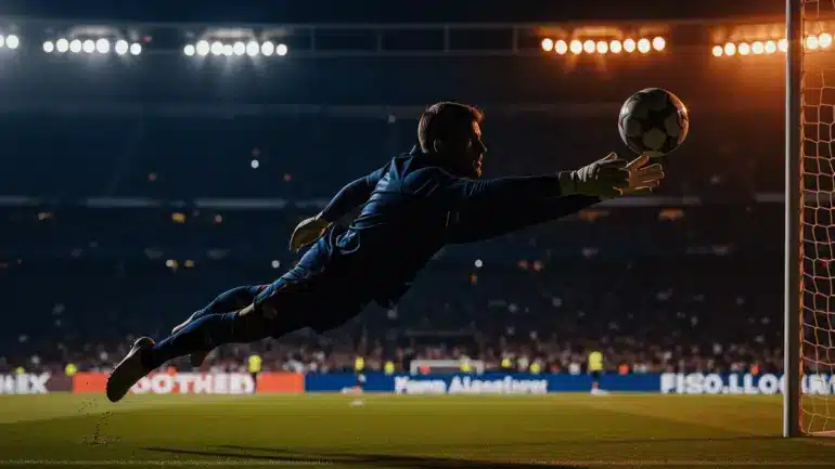 Goalkeeper making dramatic save during World Cup match under stadium lights