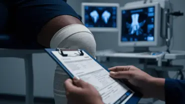 Close-up of NFL player's knee during medical examination with diagnostic equipment in clinical setting