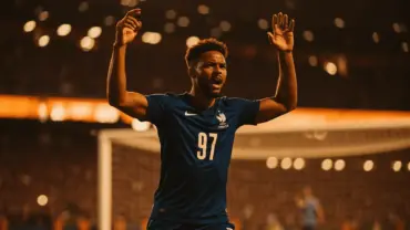 French soccer player celebrating goal in stadium during World Cup match
