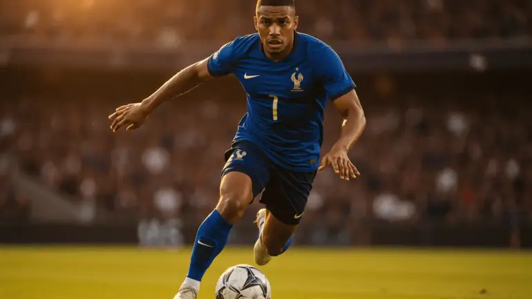 Kylian Mbappe sprinting with soccer ball for France at 2026 World Cup