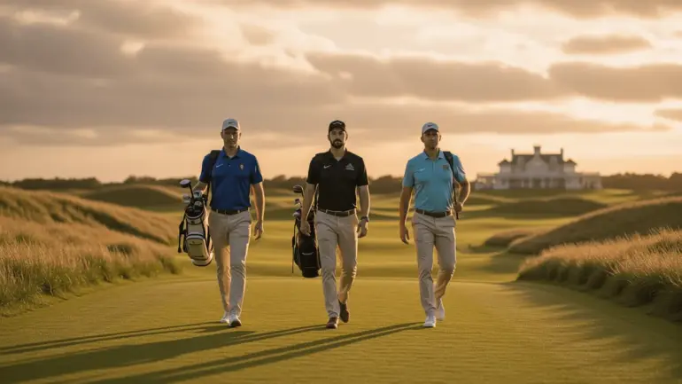 Three professional golfers walking together at Shinnecock Hills golf course at sunrise during US Open