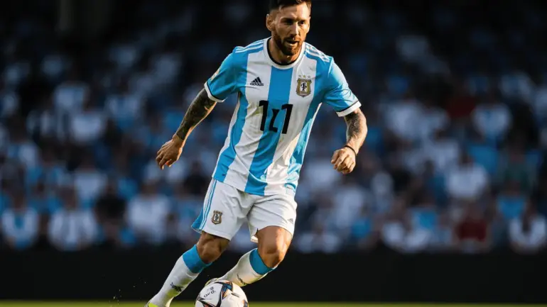 Lionel Messi in Argentina jersey controlling soccer ball during World Cup match action shot