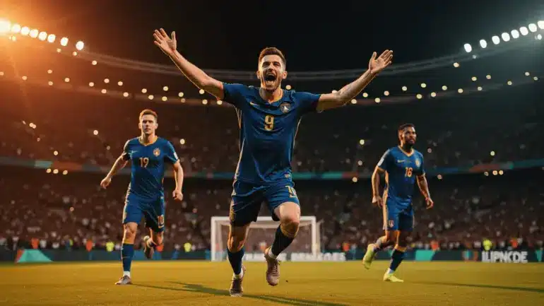 Soccer player celebrating goal at packed World Cup stadium with dramatic lighting and crowd