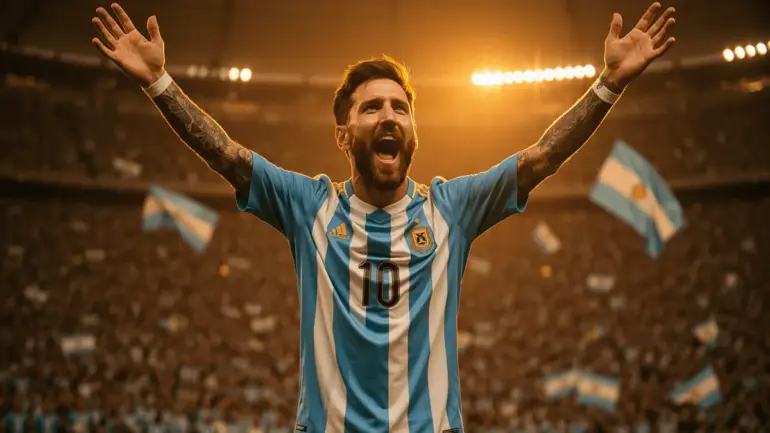 Lionel Messi celebrating in Argentina jersey after breaking World Cup scoring record
